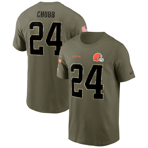 Men's Cleveland Browns #24 Nick Chubb 2022 Olive Salute to Service T-Shirt Men's Cleveland Browns #24 Nick Chubb 2022 Olive Salute to Service T-Shirt